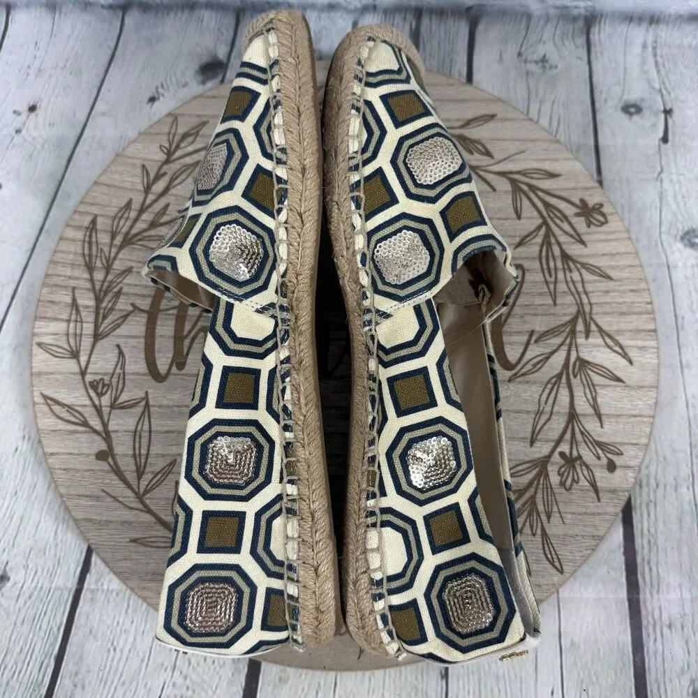 Tory Burch Espadrille Flats Size 11 Blue Gold Geometric Sequin Canvas Slip On